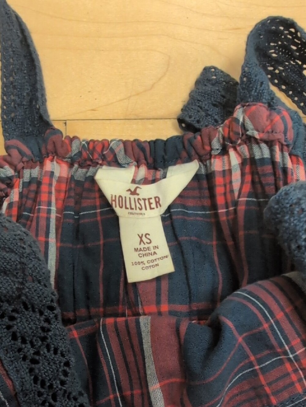 Hollister Red and Navy Plaid Babydoll Top with Crochet Straps Size XS - Picture 2 of 3